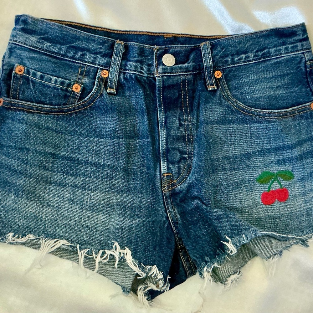 Levi's Blue Denim Cutoff Shorts with Cherry Patch